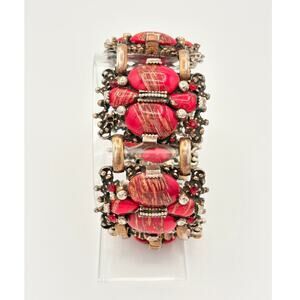 Artisan Brass Bracelet w/ Red Copper‑Fluss Glass Cabochons, Boho Baroque